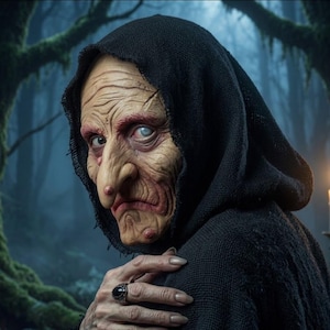 Könnte beinhalten: Eine realistische Maske einer älteren Person mit tiefen Falten, einer markanten Nase und einem Muttermal, die eine schwarze Kapuze trägt. Die Maske hat ein trübes und ein dunkles Auge. Eine Hand mit langen Nägeln und einem Silberring ist zu sehen.