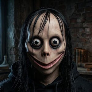 May include: A figure with pale skin, long straight black hair, and a wide, exaggerated grin. The face features large, bulging eyes with dark circles, a small nose, and a prominent mouth. The figure wears a black hooded sweatshirt.