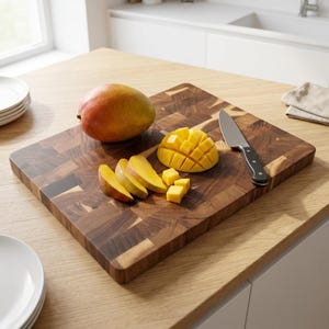 Puede incluir: Una tabla de cortar rectangular de madera de testa con un patrón de cuadros marrón oscuro. Sobre la tabla hay un mango entero, varias rodajas de mango, una mitad de mango en cubos y un cuchillo de cocina de acero inoxidable.