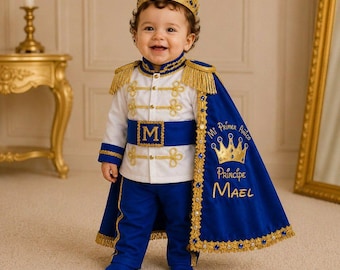 Personalized Prince Birthday Outfit, Royal Blue Crown Cape Set, First Birthday Boy Costume