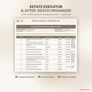 Könnte beinhalten: Eine digitale Tabellenkalkulation Estate Executor & After-Death Organizer mit dem Titel Estate_Executor_Organizer.xlsx. Die Tabelle listet sofortige Schritte nach dem Todesfall auf, einschließlich Priorität, Aufgabenbeschreibung, Verantwortlicher und Status.