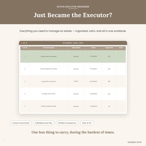 After Death Spreadsheet - Executor Organizer, Estate Checklist, Asset Tracker, Expense Log, Beneficiary Distribution (Excel)