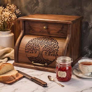 Può includere: Un portapane in legno scuro con un design dell'albero della vita tagliato al laser sulla porta a serrandina, un cassetto superiore con pomello in ottone e la parola Bread incisa sopra la porta. Presenta una maniglia in ottone e finitura lucida.