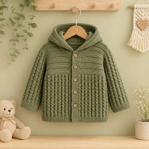 Peut inclure: Un cardigan à capuche en tricot vert sauge présentant un motif texturé à côtes verticales sur le bas du corps et les manches, un empiècement à côtes horizontales et cinq boutons en bois brun clair sur le devant, suspendu à un cintre en bois.