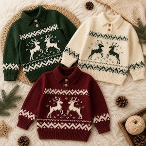 May include: Three long-sleeve knit sweaters with polo collars and two-button plackets. Each sweater features a repeating reindeer and geometric pattern in contrasting colors: one dark green, one cream, and one deep red with white accents.