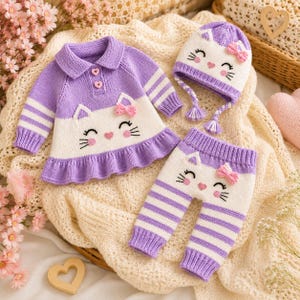 May include: A three-piece knitted set featuring a long-sleeve collared sweater with a ruffled hem, matching pants, and a beanie hat. Each piece is lavender and white with a cat face graphic, pink heart nose, and a small pink bow detail.
