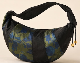Blue Floral Patchwork Crescent Bag, Olive Green Textile Hobo Purse (Small Batch)