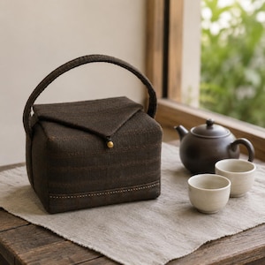 May include: A dark brown fabric box with a single arched handle and a triangular flap closure secured by a small gold-toned bead. The box features a textured, woven surface with subtle horizontal stitching details across the front panel.