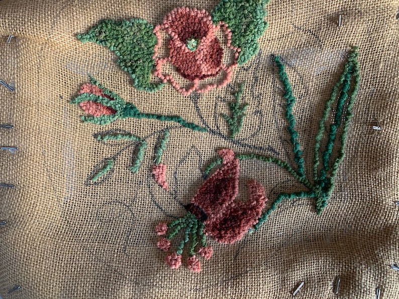 Vintage Pre-Worked Floral Needlepoint Design on Large Unfinished Canvas-17\u201d x 18\u201d-Mid Century 1960/'s Yarn Art-Nice Wooden Lap or Table Frame