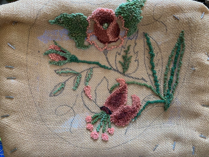 Vintage Pre-Worked Floral Needlepoint Design on Large Unfinished Canvas-17\u201d x 18\u201d-Mid Century 1960/'s Yarn Art-Nice Wooden Lap or Table Frame