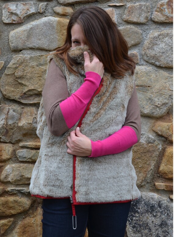 Rabbit Fur Vest Medium,  Reversible Fall Winter Outerwear, Retro 1970s, Bohemian, Mother's Gift