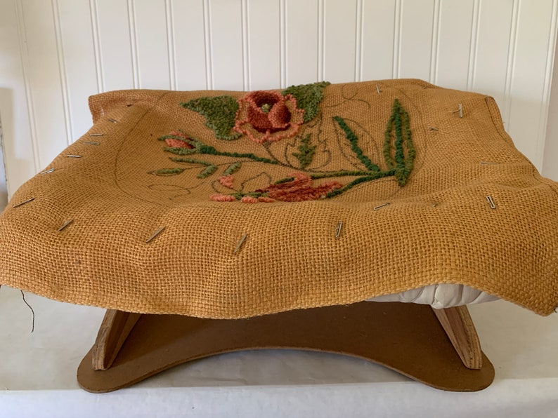 Vintage Pre-Worked Floral Needlepoint Design on Large Unfinished Canvas-17\u201d x 18\u201d-Mid Century 1960/'s Yarn Art-Nice Wooden Lap or Table Frame