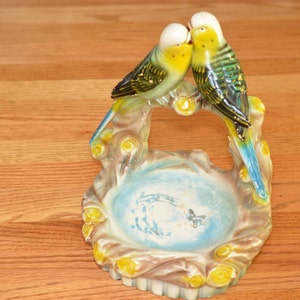 Tabletop Bird Themed Dish-Colorful Parakeet Lovebirds Sculpture-Tropical Figurines-1940's/50's Garden Art-Nature Outdoor Bird Lover Gift image 1