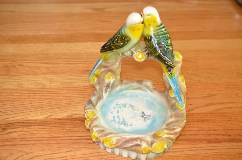 Tabletop Bird Themed Dish-Colorful Parakeet Lovebirds Sculpture-Tropical Figurines-1940's/50's Garden Art-Nature Outdoor Bird Lover Gift image 1