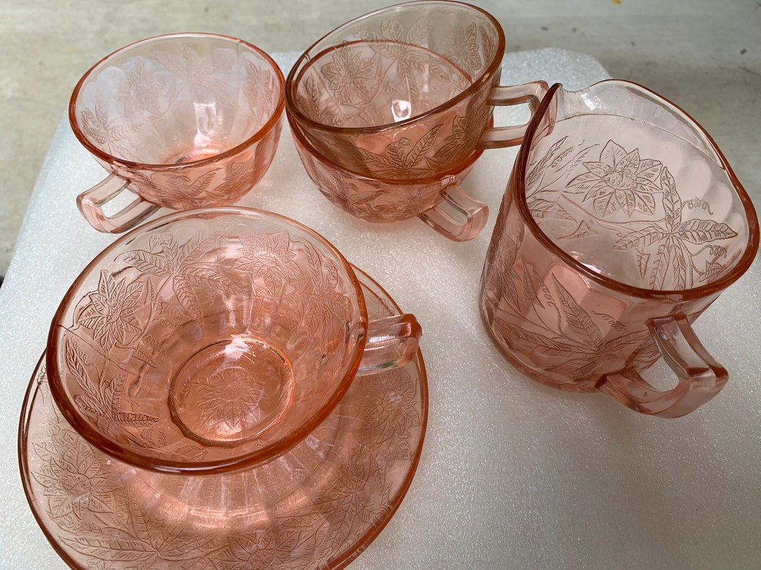 Vintage Pink Depression Glass Setsdainty Elegant Tea Cups & Saucers