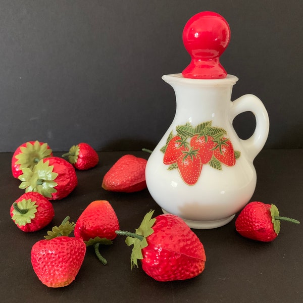 Avon Strawberries & Cream Milk Glass Decanter-Vintage Pitcher/Creamer-Cork Stopper-Retro White/Red Capped Salad Dressing Bottle-Mother's Day