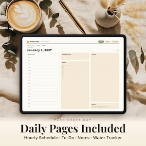 May include: A digital tablet displaying a Nahla Hive 2027 daily planner page for January 1, 2027. The interface includes an hourly schedule, top priority section, to-do list with checkboxes, notes area, and a water tracker with eight circles.