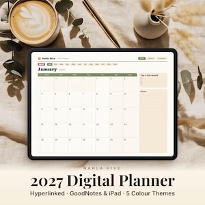 May include: A digital tablet displaying a January 2027 monthly calendar page from a Nahla Hive digital planner. The interface features a grid layout, a section for top monthly goals, and a notes area. The screen shows the text Nahla Hive 2027 Planner.