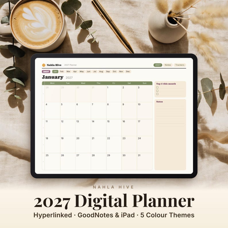 May include: A digital tablet displaying a January 2027 monthly calendar page from a Nahla Hive digital planner. The interface features a grid layout, a section for top monthly goals, and a notes area. The screen shows the text Nahla Hive 2027 Planner.
