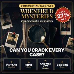 Può includere: Set di enigmi Wrenfield Mysteries con due libri di casi e 132 puzzle. Include una lente d'ingrandimento su un libro in pelle scura, foto in stile vintage e il testo: Confidential Case Files, Can You Crack Every Case, Instant Download, Print at Home, Answer Key Included, 2 Books in One.