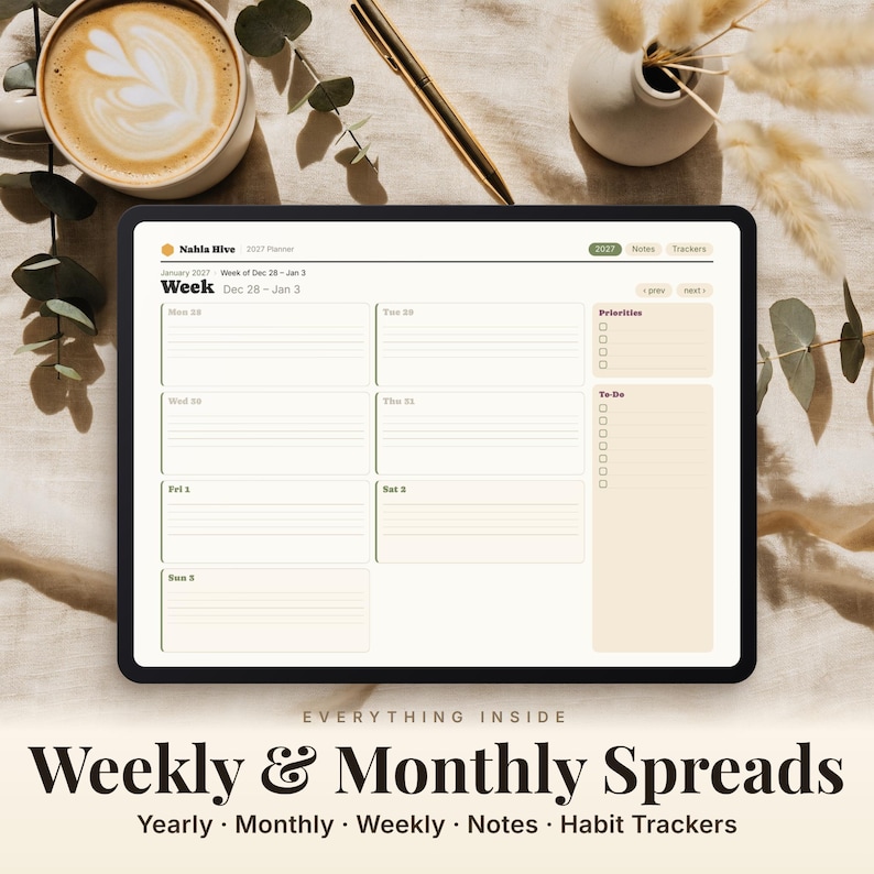 May include: A digital tablet displaying a 2027 weekly planner interface with sections for priorities and to-do lists. The screen shows the text Nahla Hive 2027 Planner, Week Dec 28 to Jan 3, and the text Everything Inside Weekly & Monthly Spreads.