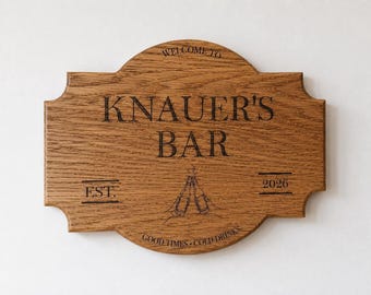 Personalized Oak Bar Sign | Engraved Wooden Sign for Home Bar, Man Cave, Party Room & Gift | Custom Wall Decor