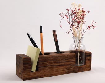 Solid Wood Desk Organizer with Glass Vase | Stylish Office and Table Decor Made from Wild Heartwood Beech