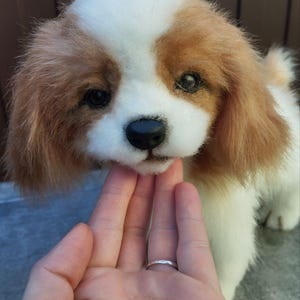 Puede incluir: Un perro de peluche con un pelaje blanco y marrón de pelo largo y suave. El juguete tiene ojos oscuros y redondos, una nariz negra y orejas caídas. El patrón de color incluye una mancha blanca en la frente y zonas marrones alrededor de los ojos.