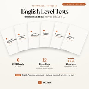 Pode incluir: Um conjunto de testes de nível de inglês da Tutortrack by TeZone, incluindo PDF imprimível e áudio MP3. A coleção apresenta testes preparatórios e finais para os níveis A1 a C2, totalizando 6 níveis CEFR, 12 gravações e 773 questões.