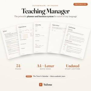 Puede incluir: Un planificador Teaching Manager en PDF imprimible para tutores con cinco páginas blancas y texto en negro, incluyendo secciones para AI Tools, Progress Review, Lesson Plan, Topics Tracker y Levels B1 & B2. Incluye 34 páginas en tamaños A4 y Letter.