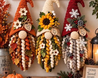 Crochet Gnome Wall Hanging Pattern PDF, Fall Gnome Amigurumi, Autumn Harvest Decor, Hanging Ornament Fall & Christmas Decor Hanging Ornament