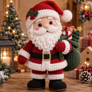 May include: A crocheted Santa Claus doll wearing a red suit with white trim, a black belt with a gold buckle, and a matching hat with a white pom-pom. The figure has a white beard, rosy cheeks, and carries a green sack filled with gifts.