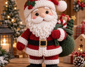 May include: A crocheted Santa Claus doll wearing a red suit with white trim, a black belt with a gold buckle, and a matching hat with a white pom-pom. The figure has a white beard, rosy cheeks, and carries a green sack filled with gifts.