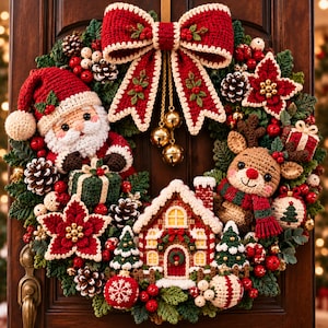 Peut inclure: Une couronne de Noël festive ornée de figurines crochetées représentant le Père Noël, un renne et une maison en pain d'épices. Elle est décorée d'un grand nœud rouge, de clochettes dorées, de pommes de pin, de baies rouges et de fleurs.
