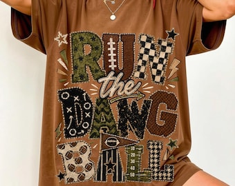 Patchwork Run the Dang Ball PNG, Football Mom Leopard Sublimation, Retro Game Day Shirt Design, Touchdown Football Season