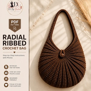 Padrão de bolsa de crochê marrom com nervuras radiais em PDF, tutorial para iniciantes de bolsa hobo, padrão fácil de bolsa de crochê, download digital