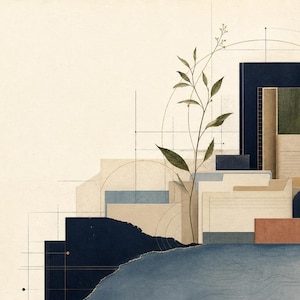 May include: A layered abstract composition featuring rectangular blocks in navy blue, beige, olive green, and terracotta. A delicate botanical illustration with thin stems and leaves rises through the centre, overlaid with fine geometric lines and circles.