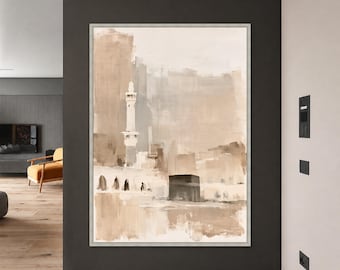 May include: A rectangular wall art piece featuring an abstract painting in shades of beige, cream, and brown. The artwork depicts a tall minaret and the Kaaba in a soft, brushstroke style, framed in a thin, light-colored metallic border.