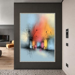 May include: A rectangular wall art piece featuring an abstract composition with soft, blended washes of light blue, yellow, orange, and pink. The artwork is overlaid with intricate, dark, thin, scribbled lines that form organic, plant-like shapes.