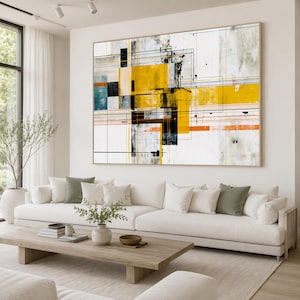Abstract Geometric Canvas Print, Yellow Black White Wall Art, Modern Linear Grid Design, Minimalist Contemporary Decor, abstract geometry