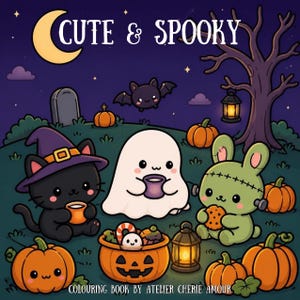 Op de afbeelding: Een kleurboekcover met de titel CUTE & SPOOKY met een zwarte kat in een paarse heksenhoed, een wit spookje en een groen monsterkonijn dat een koekje eet. De scène bevat oranje pompoenen, een vleermuis, een lantaarn en een grafsteen.