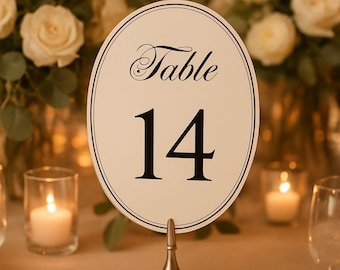 Elegantes números de mesa para bodas, enlace a plantilla personalizable en Canva, compatible con Cricut, descarga instantánea.