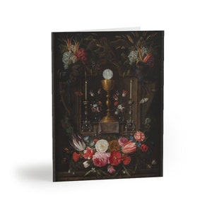 Cartes d'intention de messe (8 pcs) peinture à l'huile Niche d'autel avec les symboles de l'Eucharistie avec des fleurs