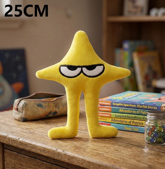 A grumpy-faced sleepy star plush that nails the current "melancholy cute" aesthetic — the kind of thing that instantly lives on a shelf or desk and makes people smile.
