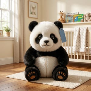 May include: A plush panda toy with black and white fur, large dark eyes, and a small black nose. The panda is sitting in a seated position and features a blank blue rectangular tag attached to its ear. The paws have brown pads with visible toes.