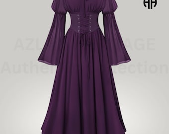 May include: A deep purple off-the-shoulder dress featuring long, flared sleeves, a gathered neckline with a tie detail, and a structured corset-style bodice with front lace-up lacing. The skirt is full and flowing, reaching below the knee.