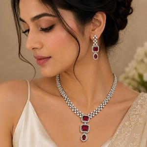 Rubinrött CZ Halsband Örhängen Set, Silver Brud Bröllopssmycken