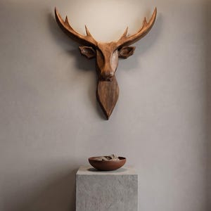 Handmade Wooden Deer Head Sculpture, Rustic 3D Stag Wall Art, Woodland Lodge Decor