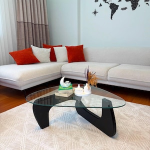 Handmade Noguchi Style Coffee Table, Solid Wood Base, Tempered Glass Top