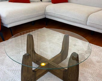 Round Glass Coffee Table, Solid Wood Base, Mid Century Modern, Japandi Design